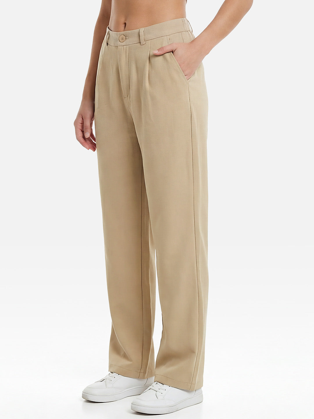 Women Beige Straight Korean Pants