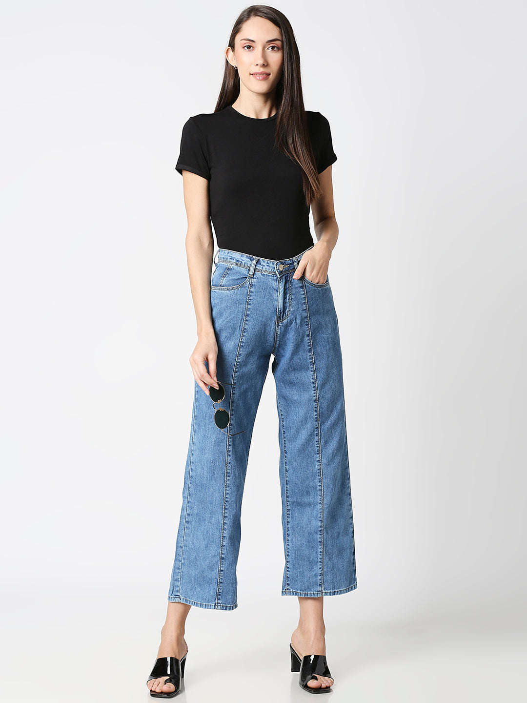 Women Light Blue High-Rise Wide Leg Jeans
