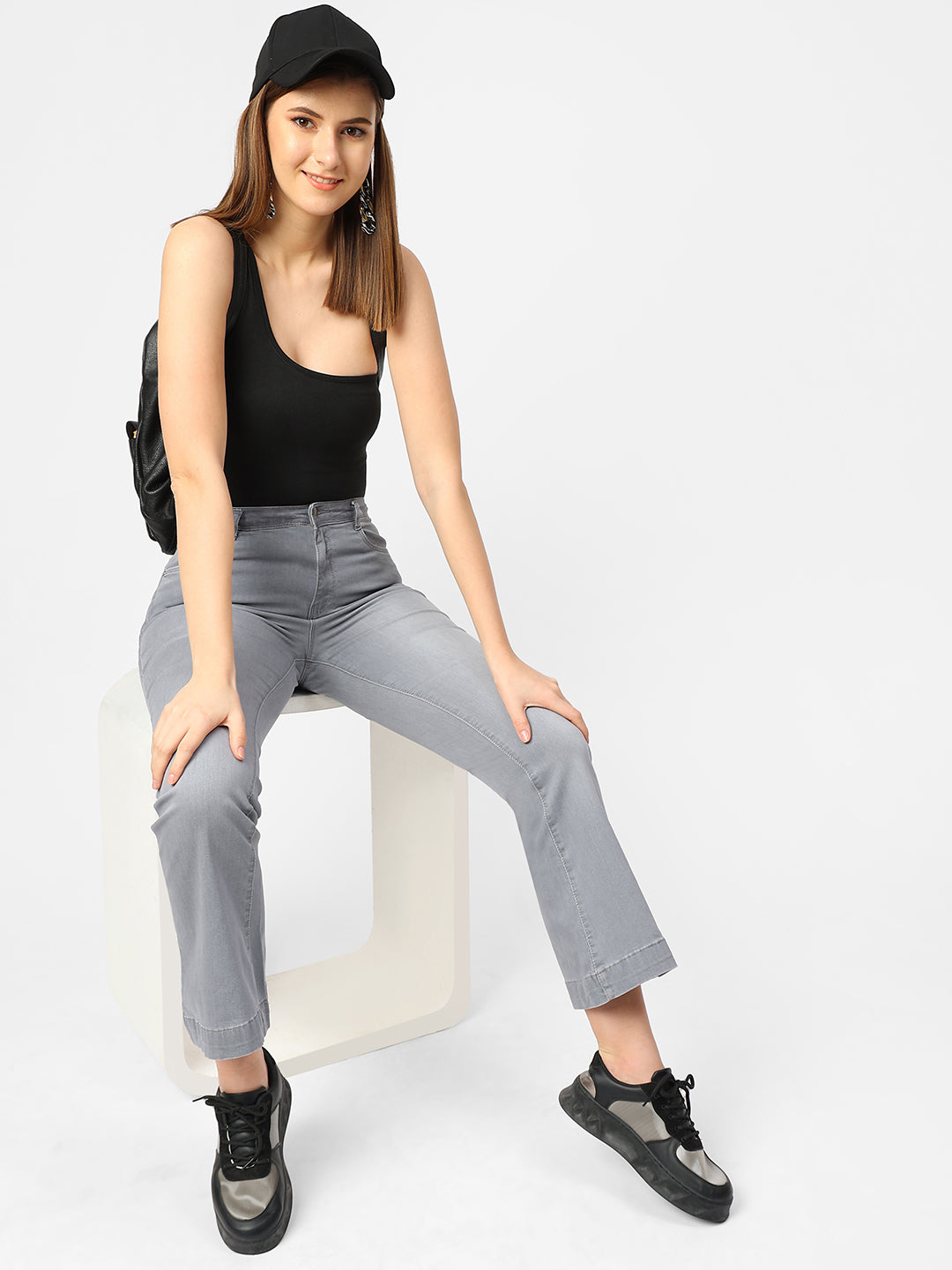 Women Grey High-Rise Flare Jeans