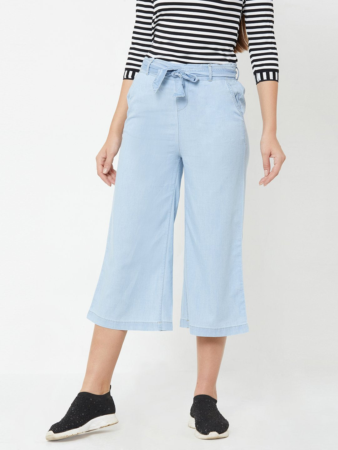 Women Light Blue High-Rise Paper Bag Pants