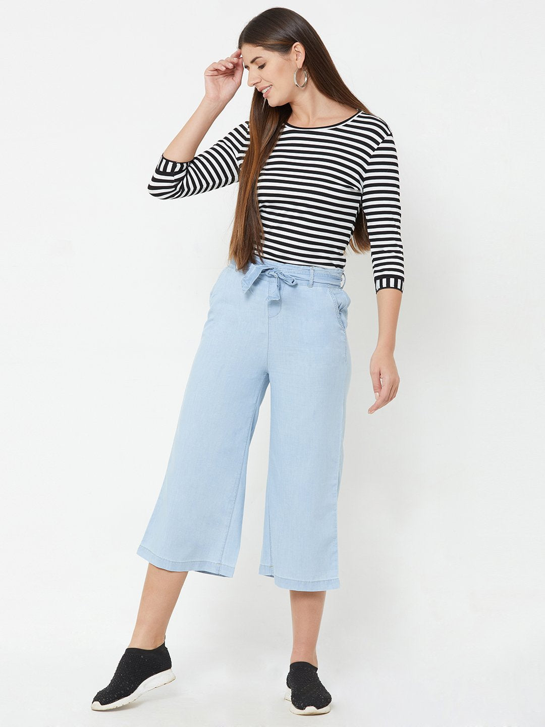 Women Light Blue High-Rise Paper Bag Pants