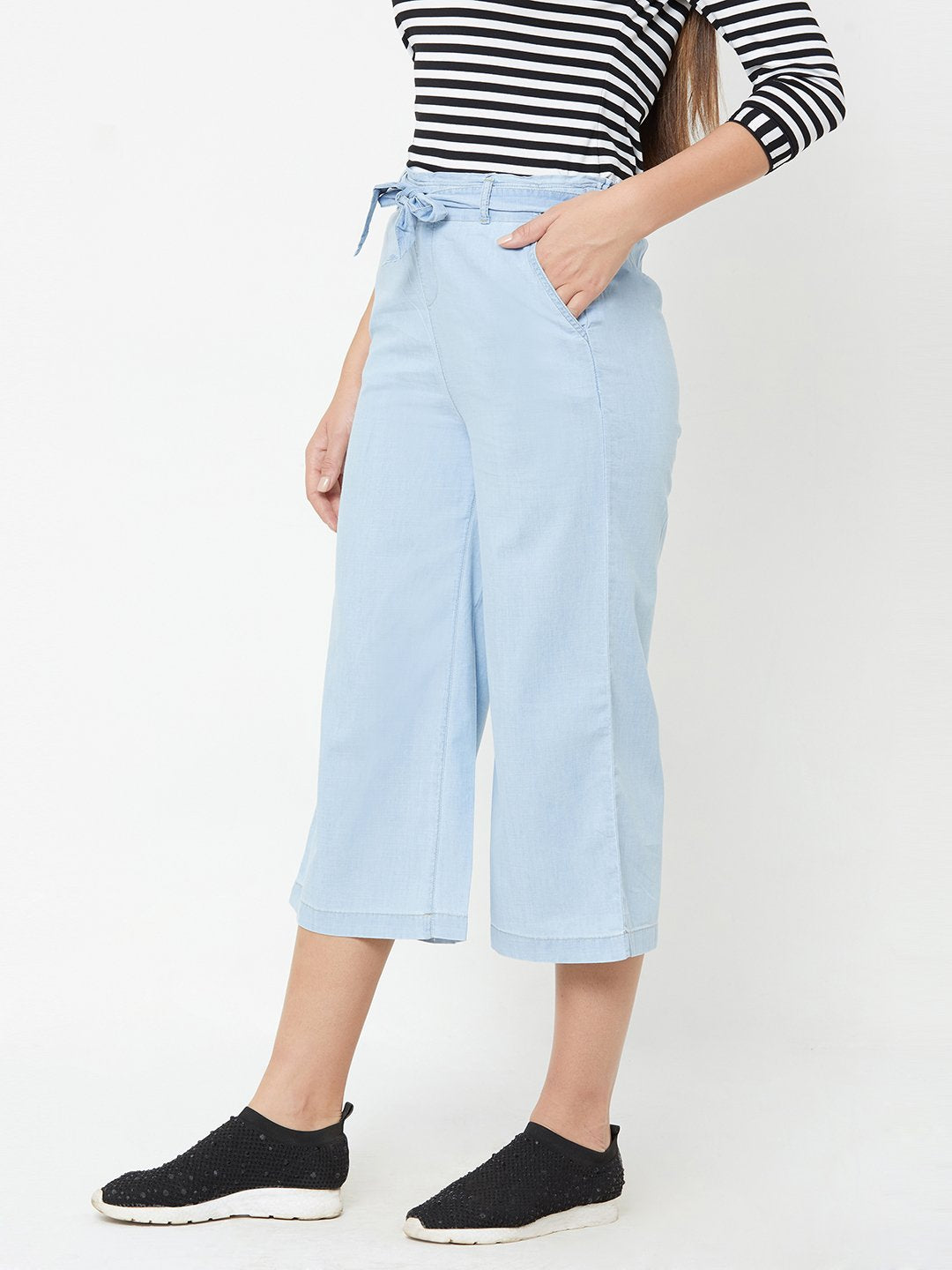 Women Light Blue High-Rise Paper Bag Pants