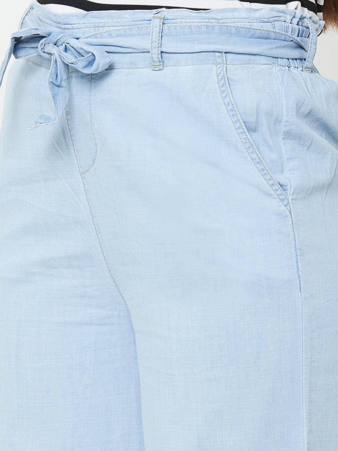 Women Light Blue High-Rise Paper Bag Pants