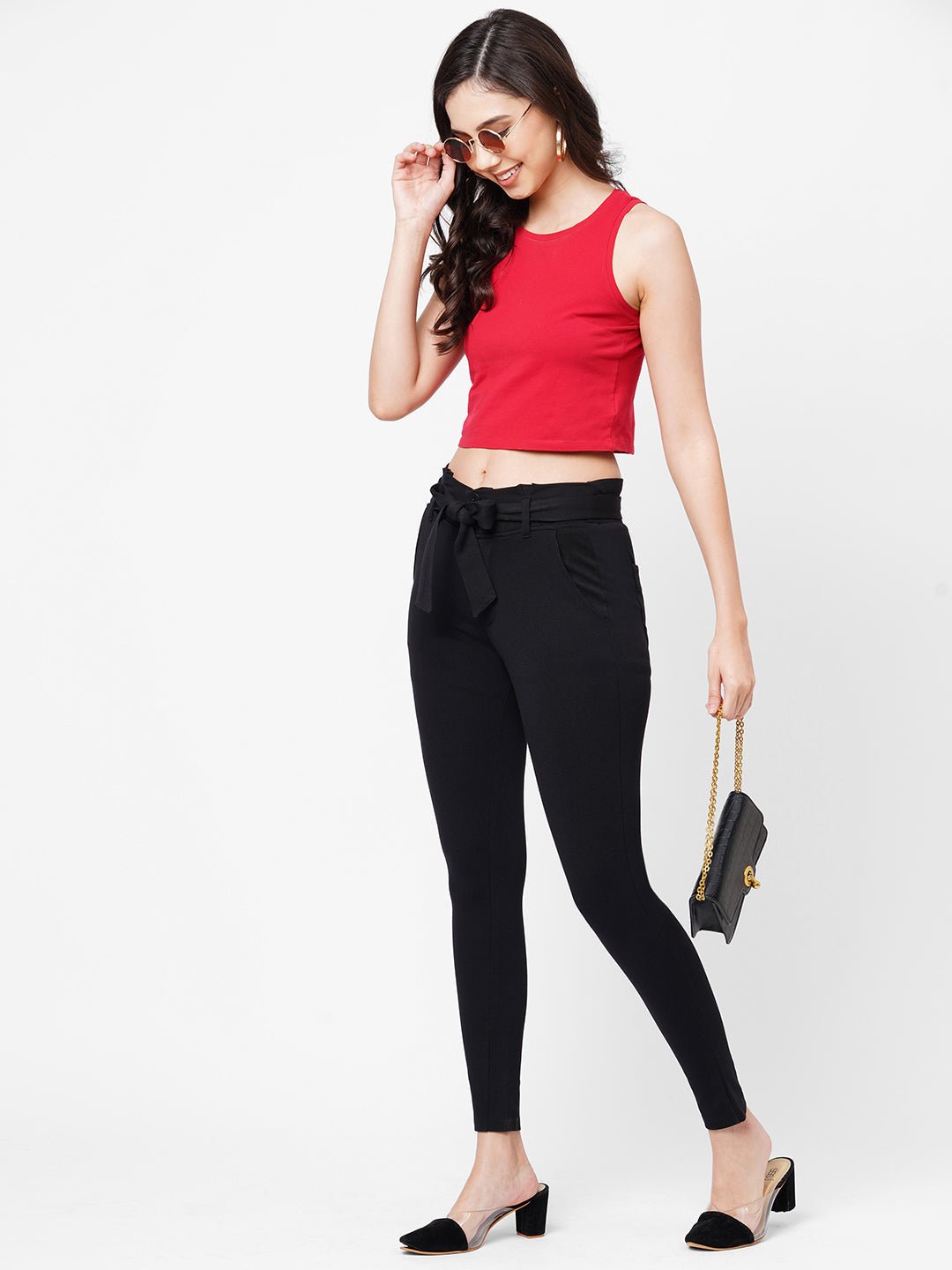 Women Black Mid-Rise Paper Bag