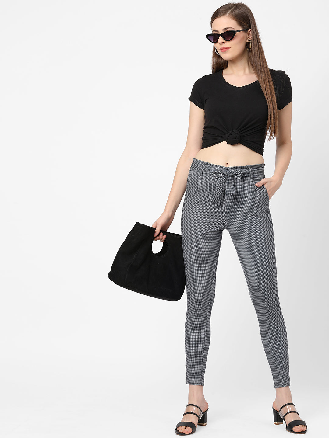 Women Black & Grey High-Rise Paper Bag Pants