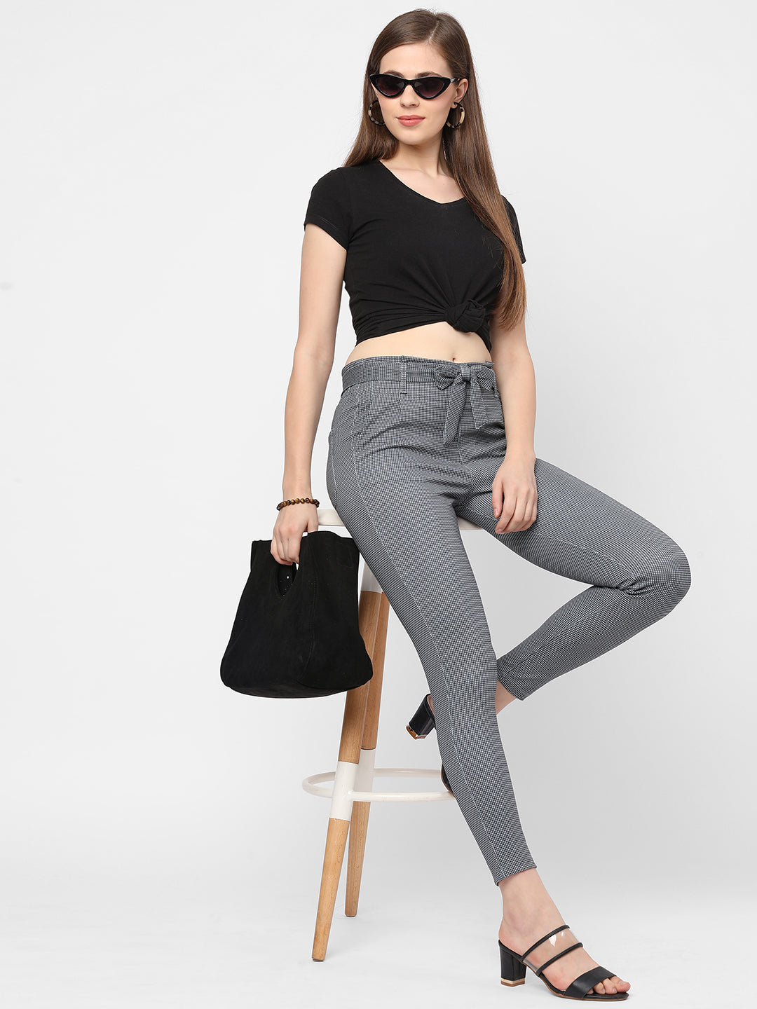 Women Black & Grey High-Rise Paper Bag Pants