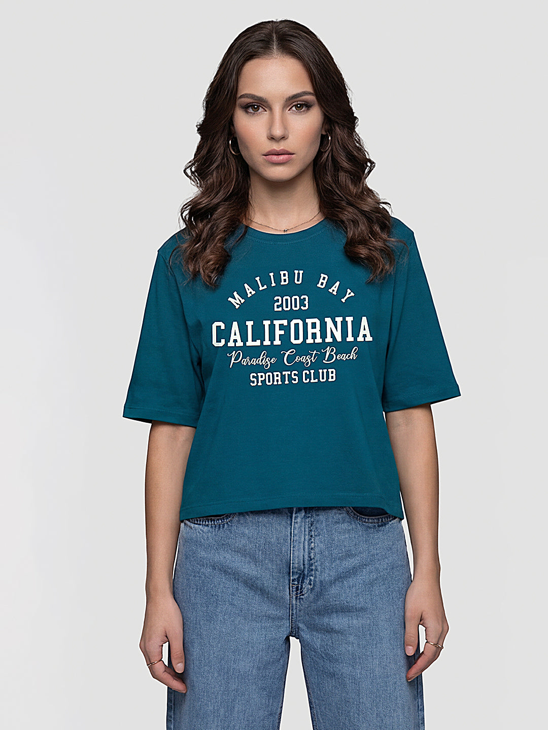 Women Teal Graphic Print Crop Tees