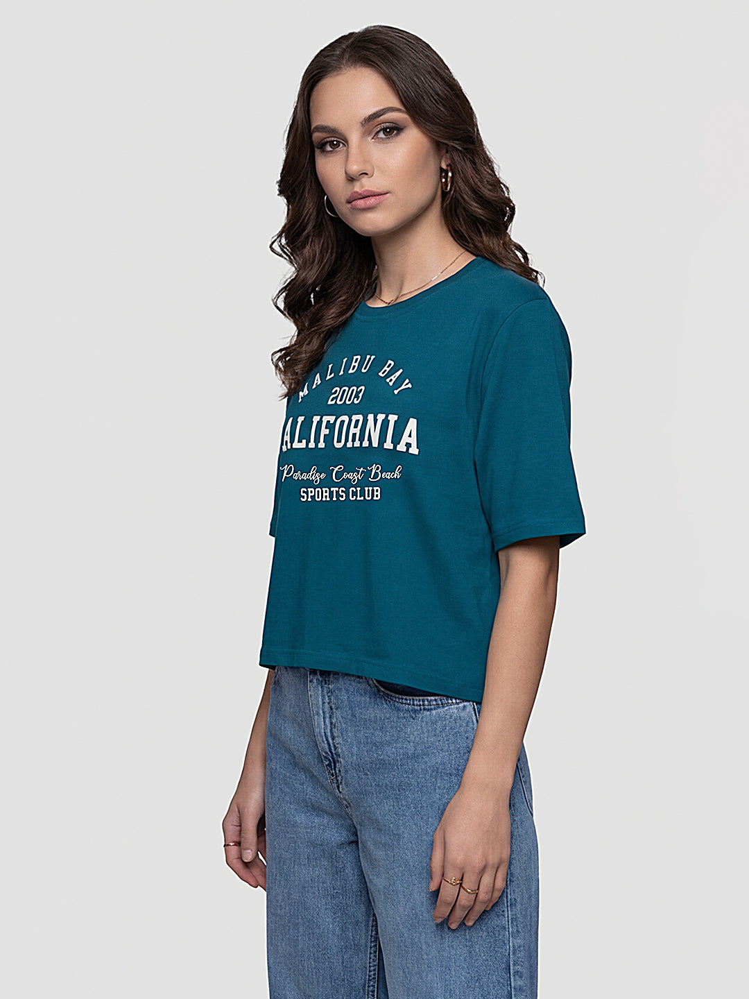 Women Teal Graphic Print Crop Tees