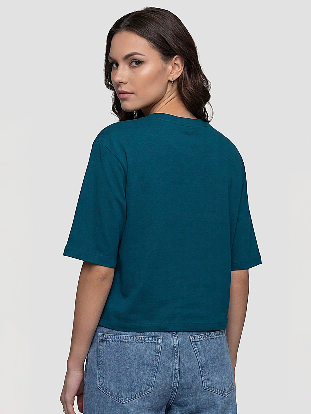 Women Teal Graphic Print Crop Tees