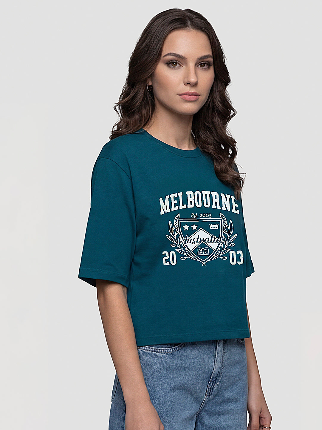 Women Teal Graphic Print Crop Tees