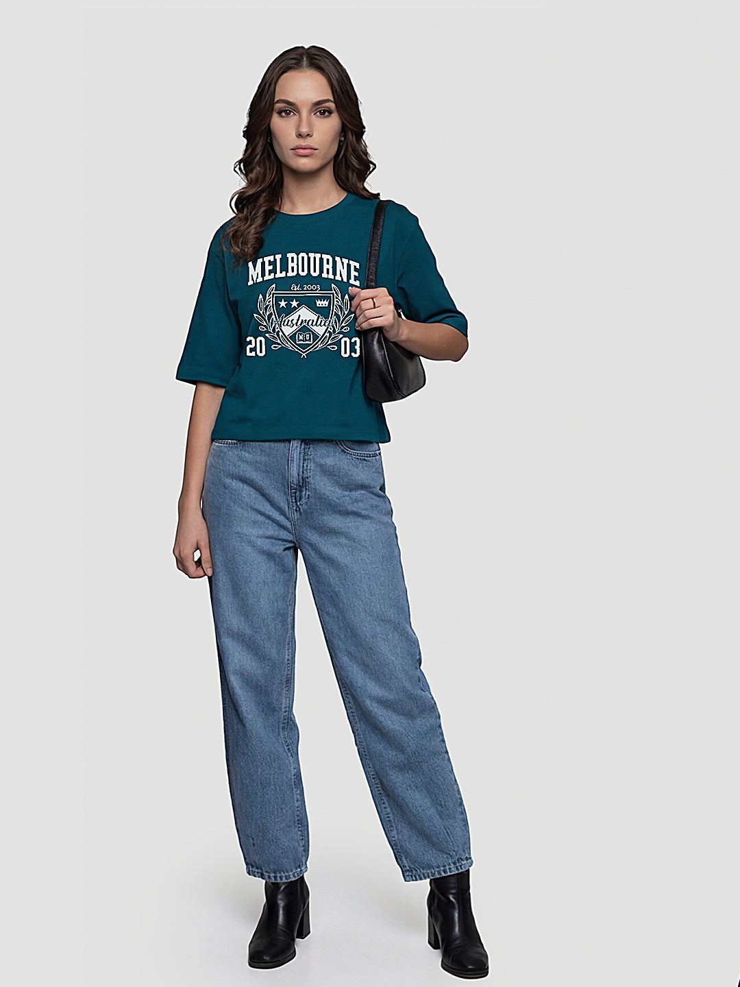 Women Teal Graphic Print Crop Tees