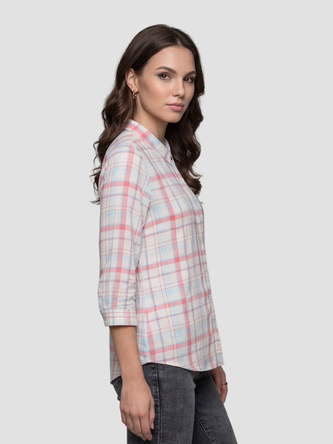 Women Peach/White Checked Shirt