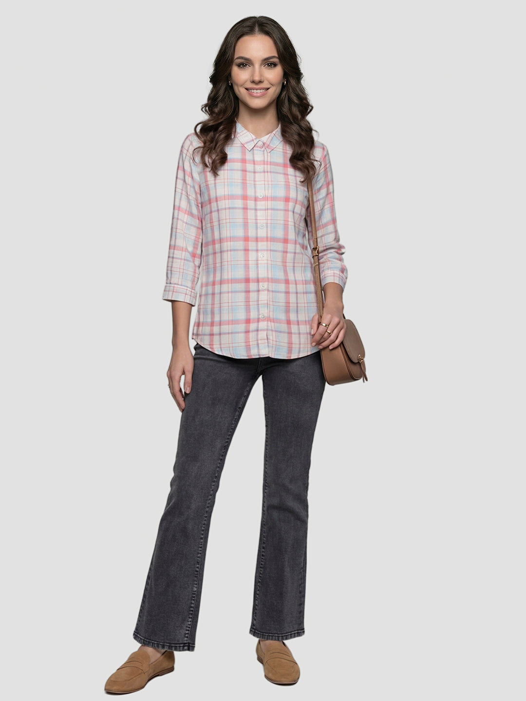 Women Peach/White Checked Shirt
