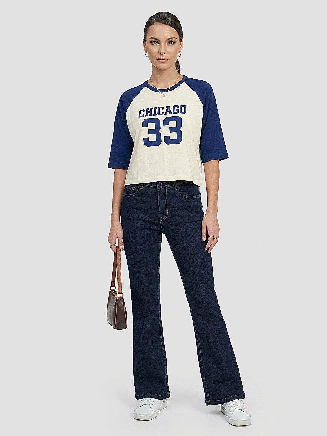 Women Ivory/Indigo Graphic Print Crop Tees
