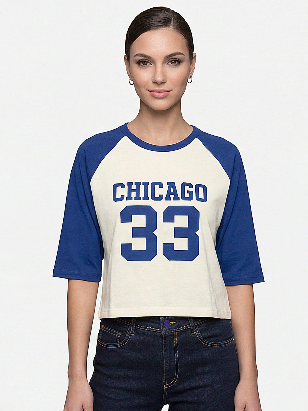 Women Ivory/Indigo Graphic Print Crop Tees