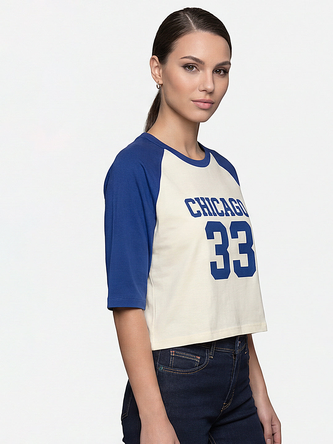 Women Ivory/Indigo Graphic Print Crop Tees