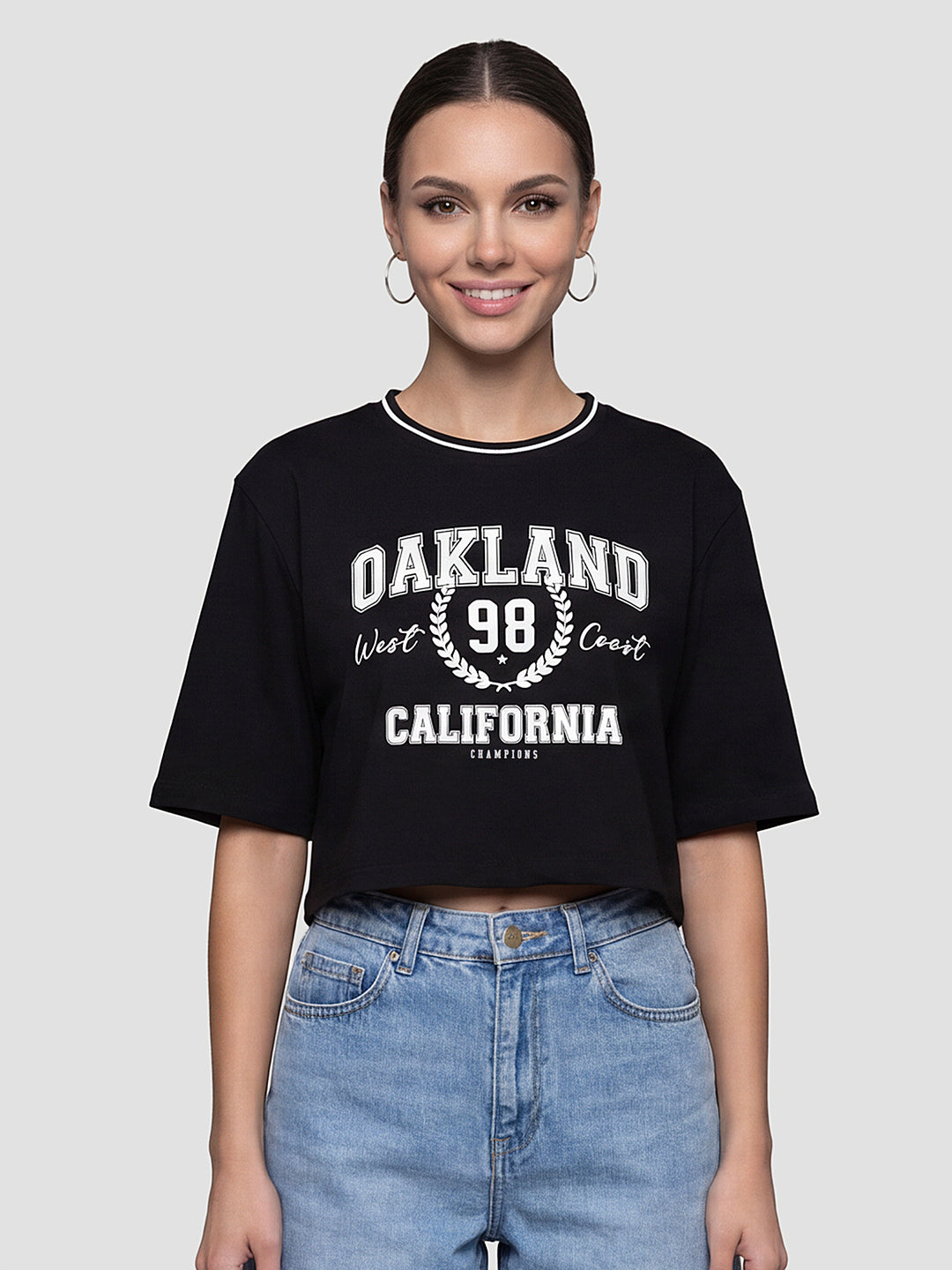 Women Black Graphic Crop Tees