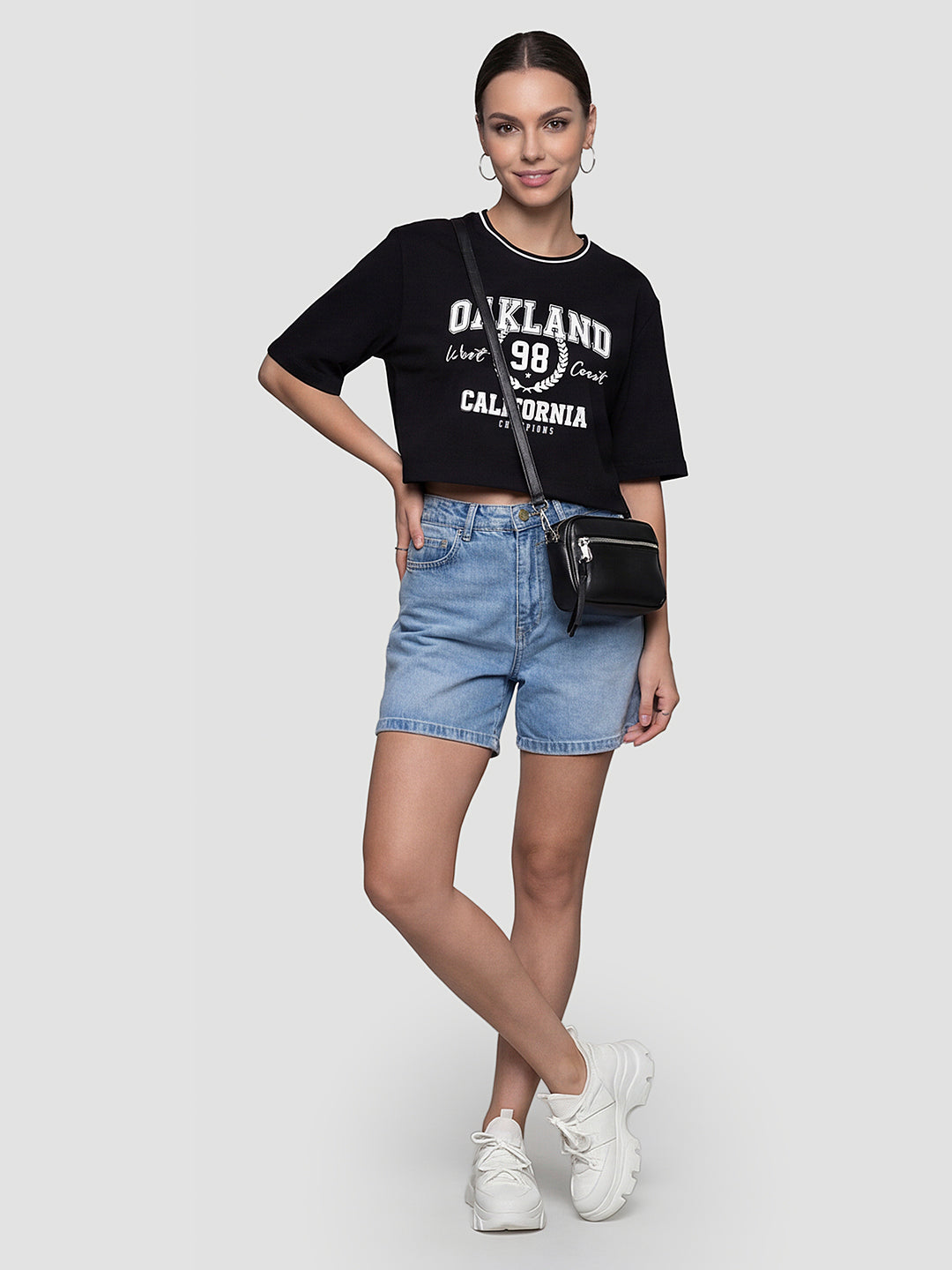 Women Black Graphic Crop Tees