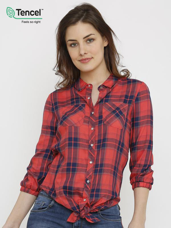 Women Coral Tie-Up Checks Shirt