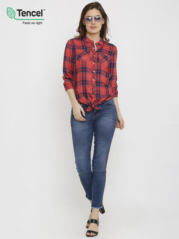 Women Coral Tie-Up Checks Shirt