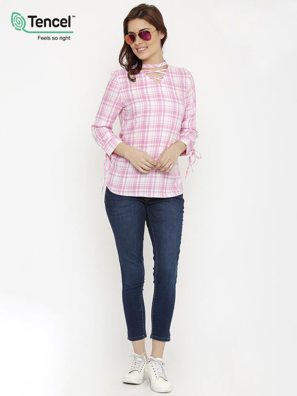 Women Pink/White Checks Top