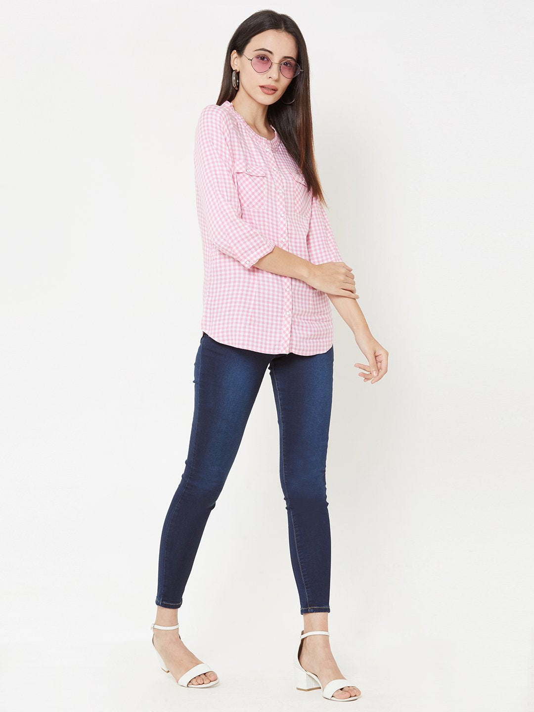 Women Pink/White Checked Top