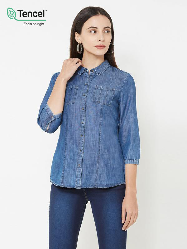 Women Blue Wovens Denim Shirt