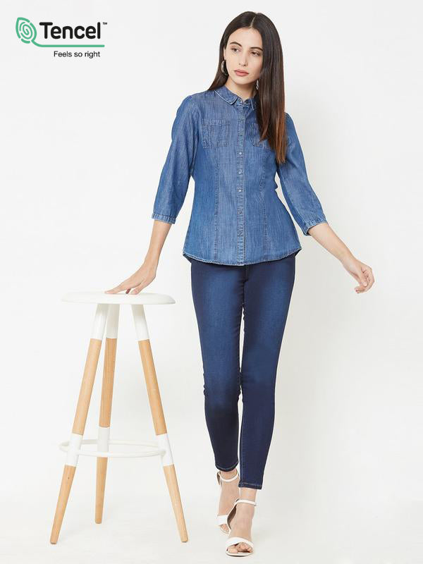Women Blue Wovens Denim Shirt
