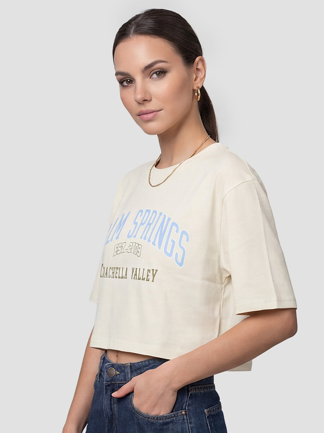 Women Ivory Graphic Crop Tees