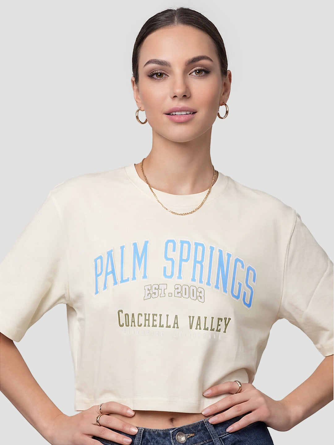 Women Ivory Graphic Crop Tees