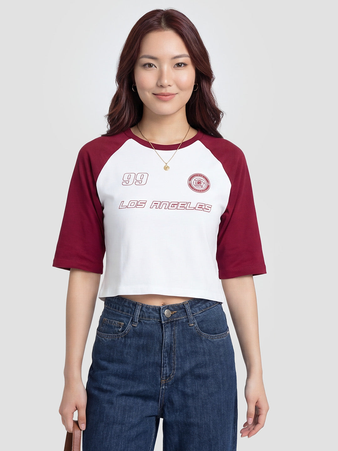 Women White/Rumba Red Graphic Print Crop Tees