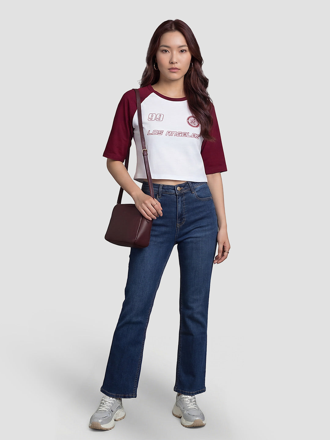 Women White/Rumba Red Graphic Print Crop Tees