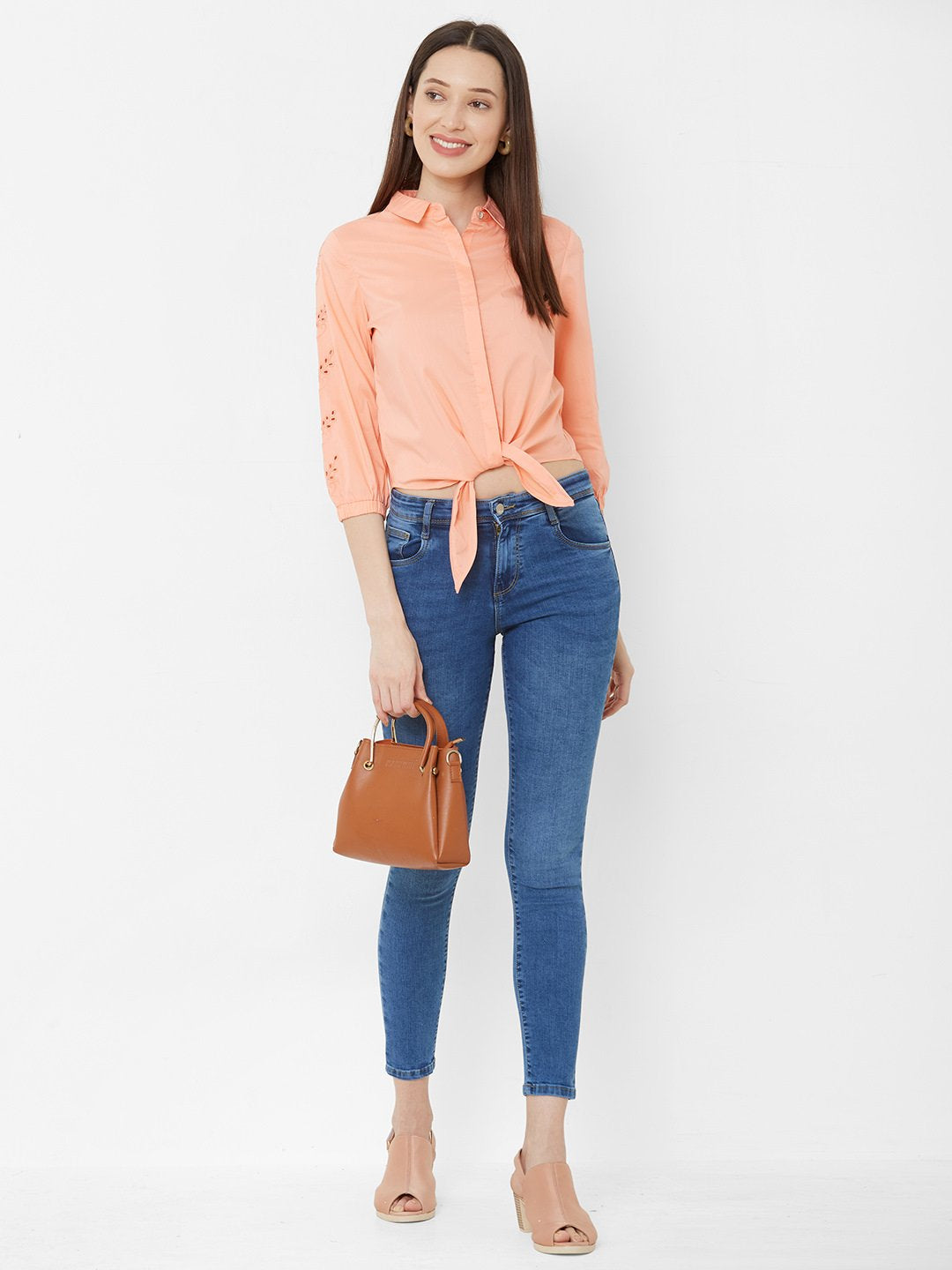 Women Salmon Crop Shirt