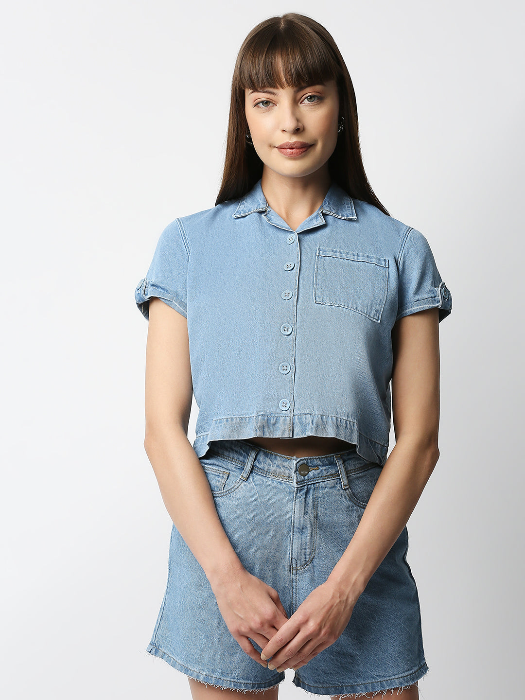 Women Light Blue Crop Denim Shirt