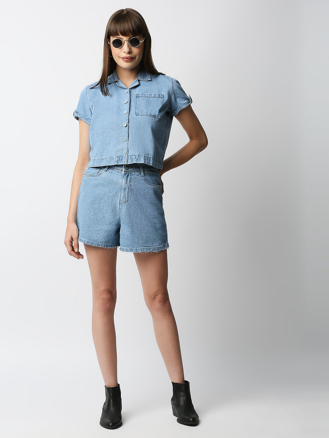 Women Light Blue Crop Denim Shirt