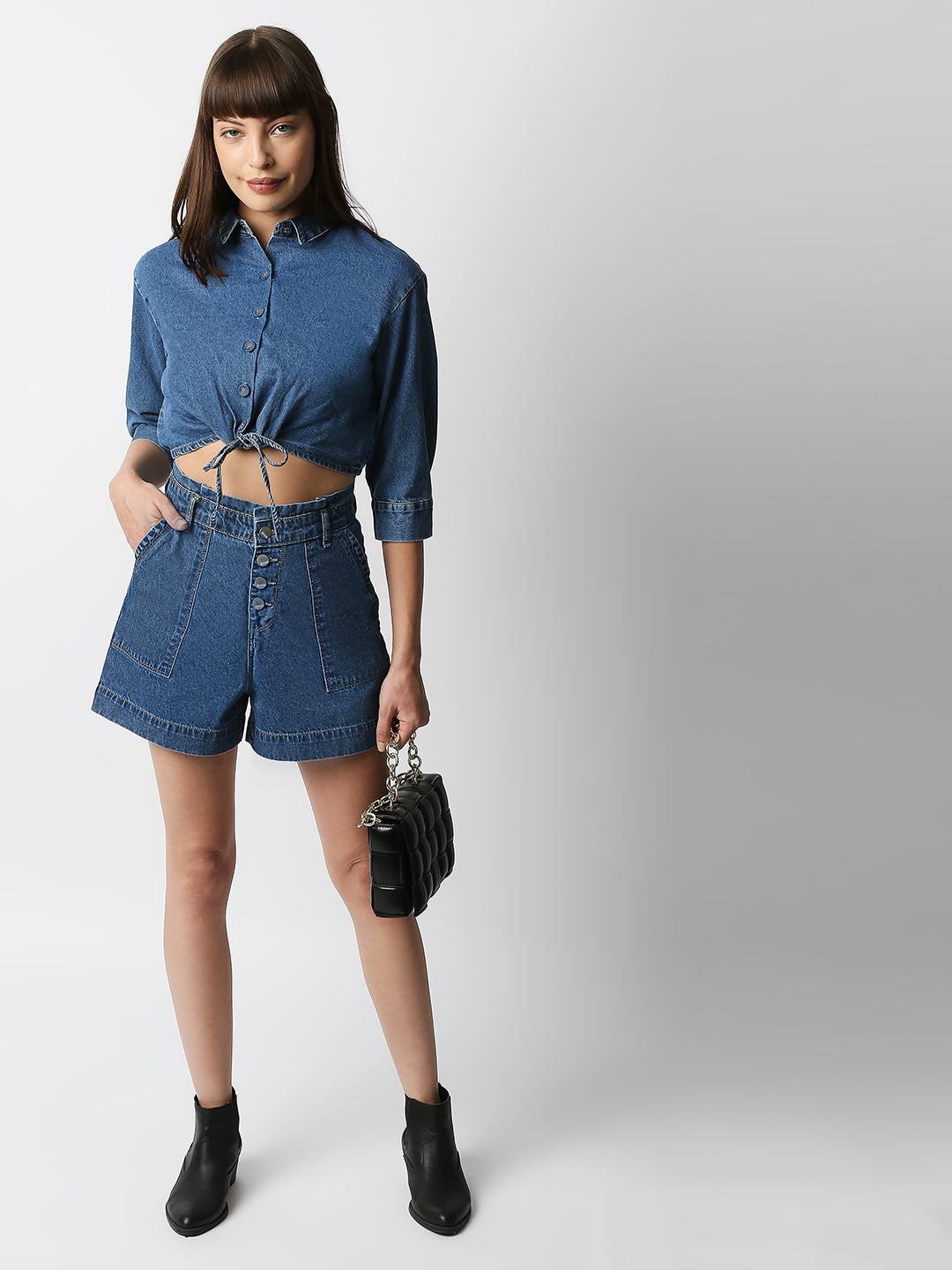 Women Dark Blue Crop Shirt