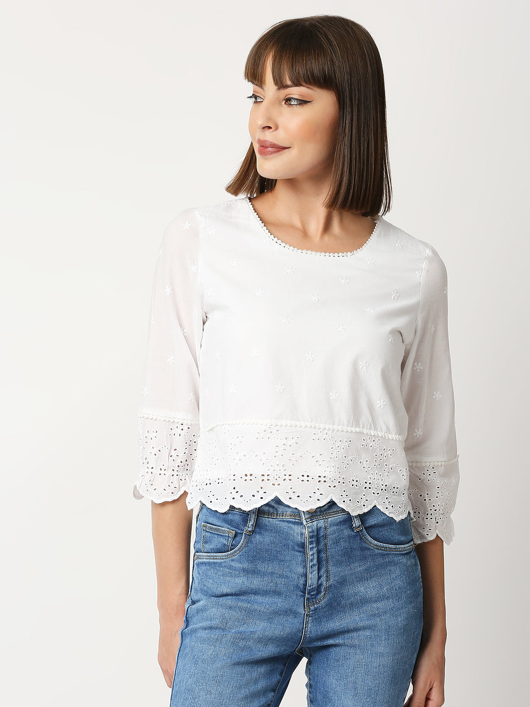 Women Bleach/White Crop Schiffli Top
