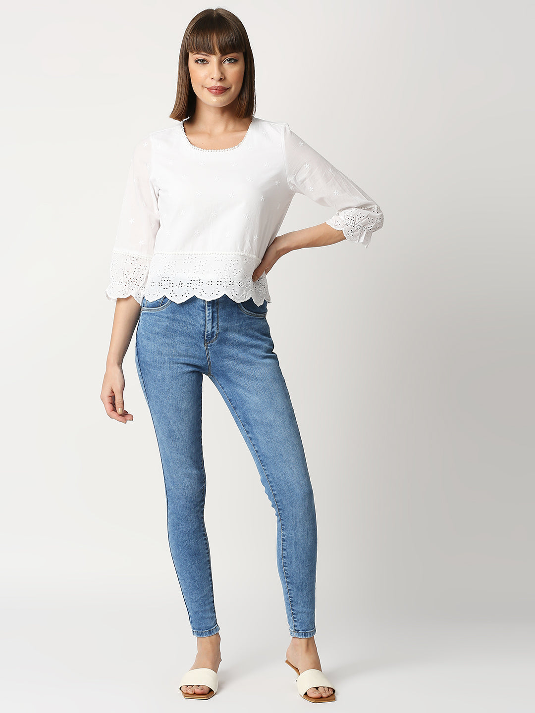 Women Bleach/White Crop Schiffli Top