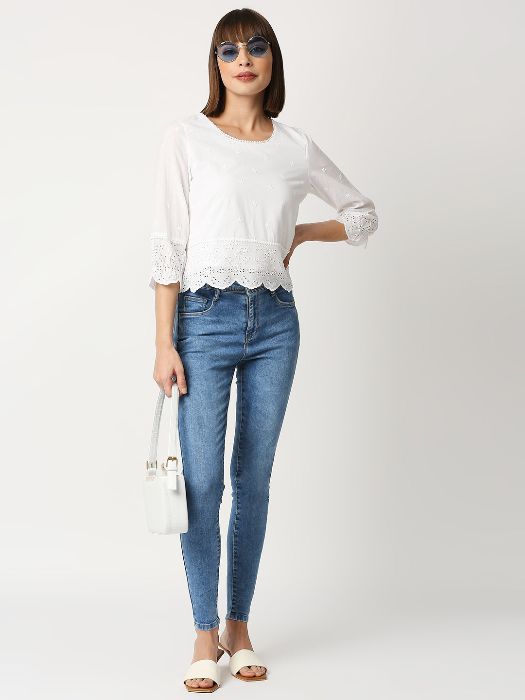 Women Bleach/White Crop Schiffli Top