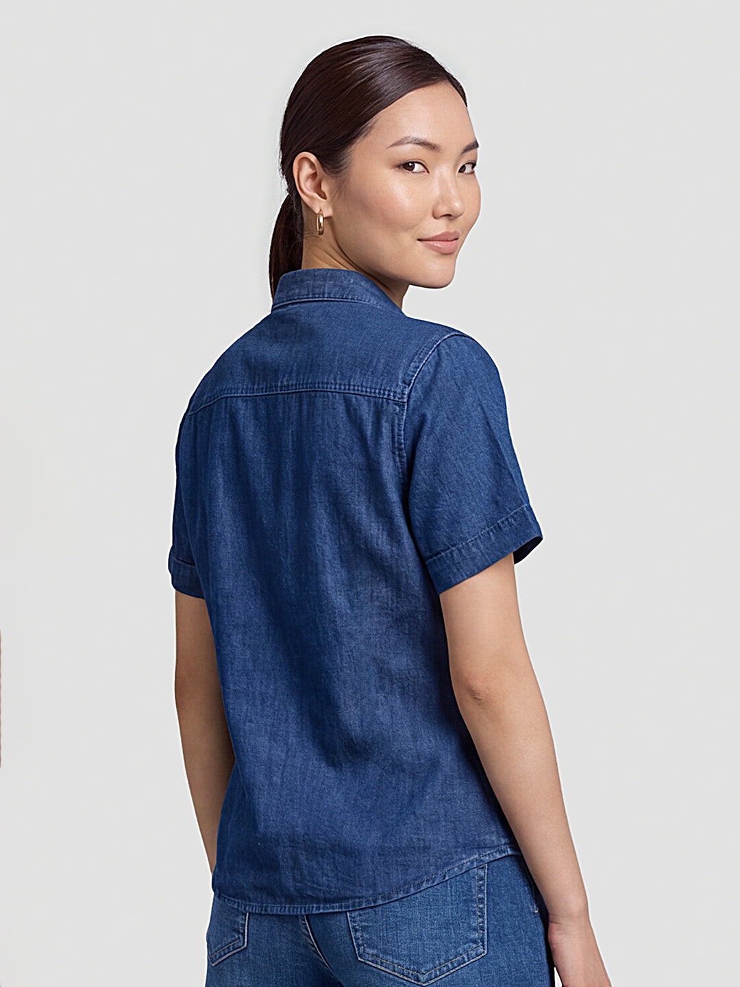 Women Dark Blue Denim Crop Shirt