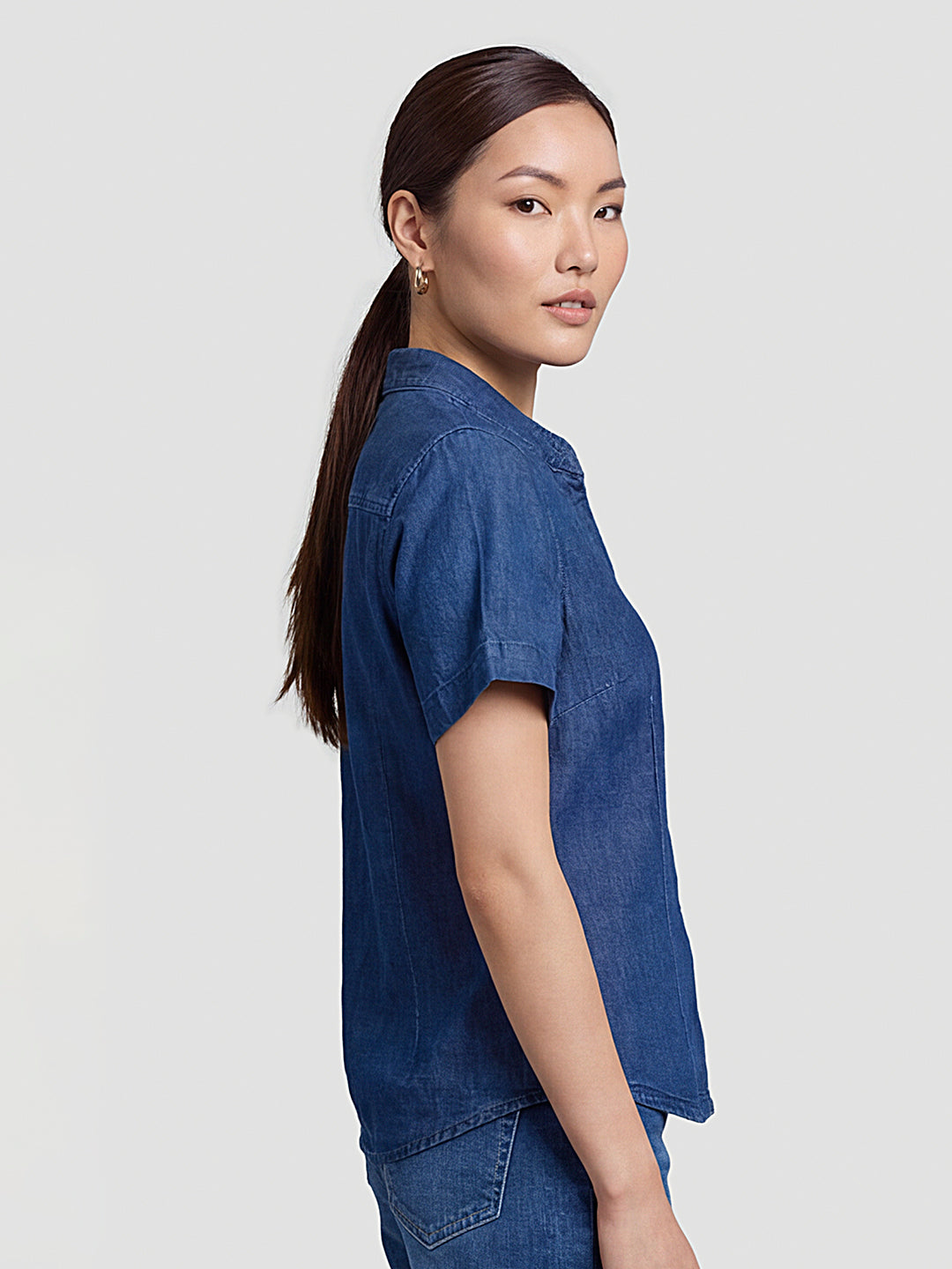 Women Dark Blue Denim Crop Shirt