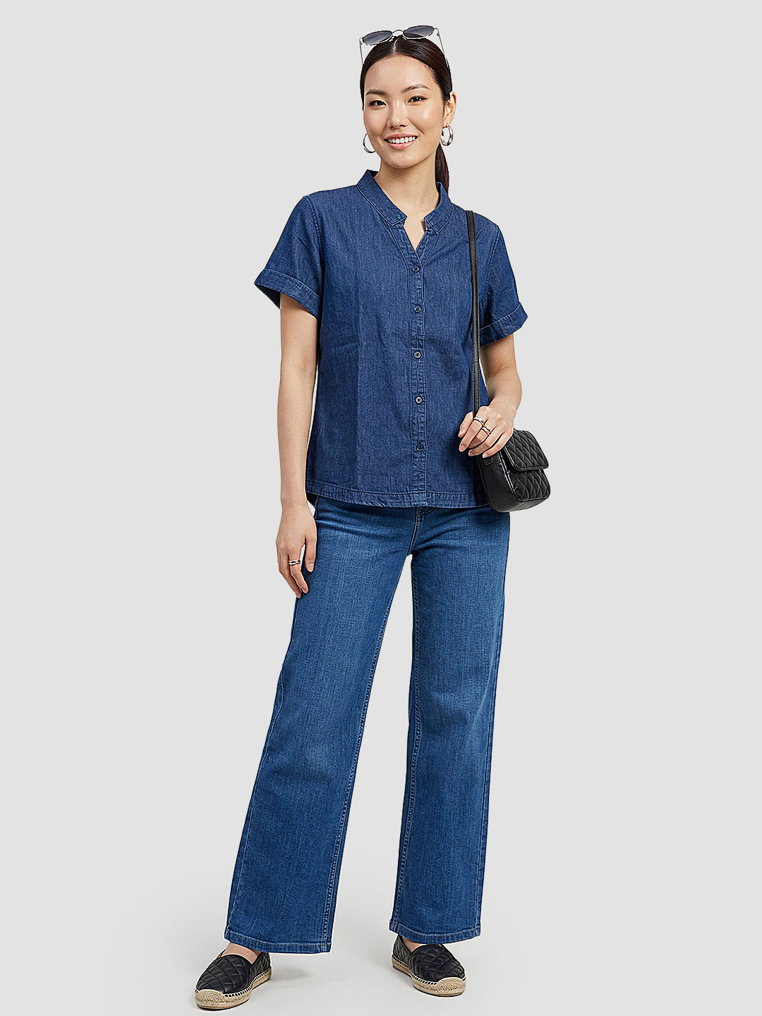Women Dark Blue Denim Crop Shirt