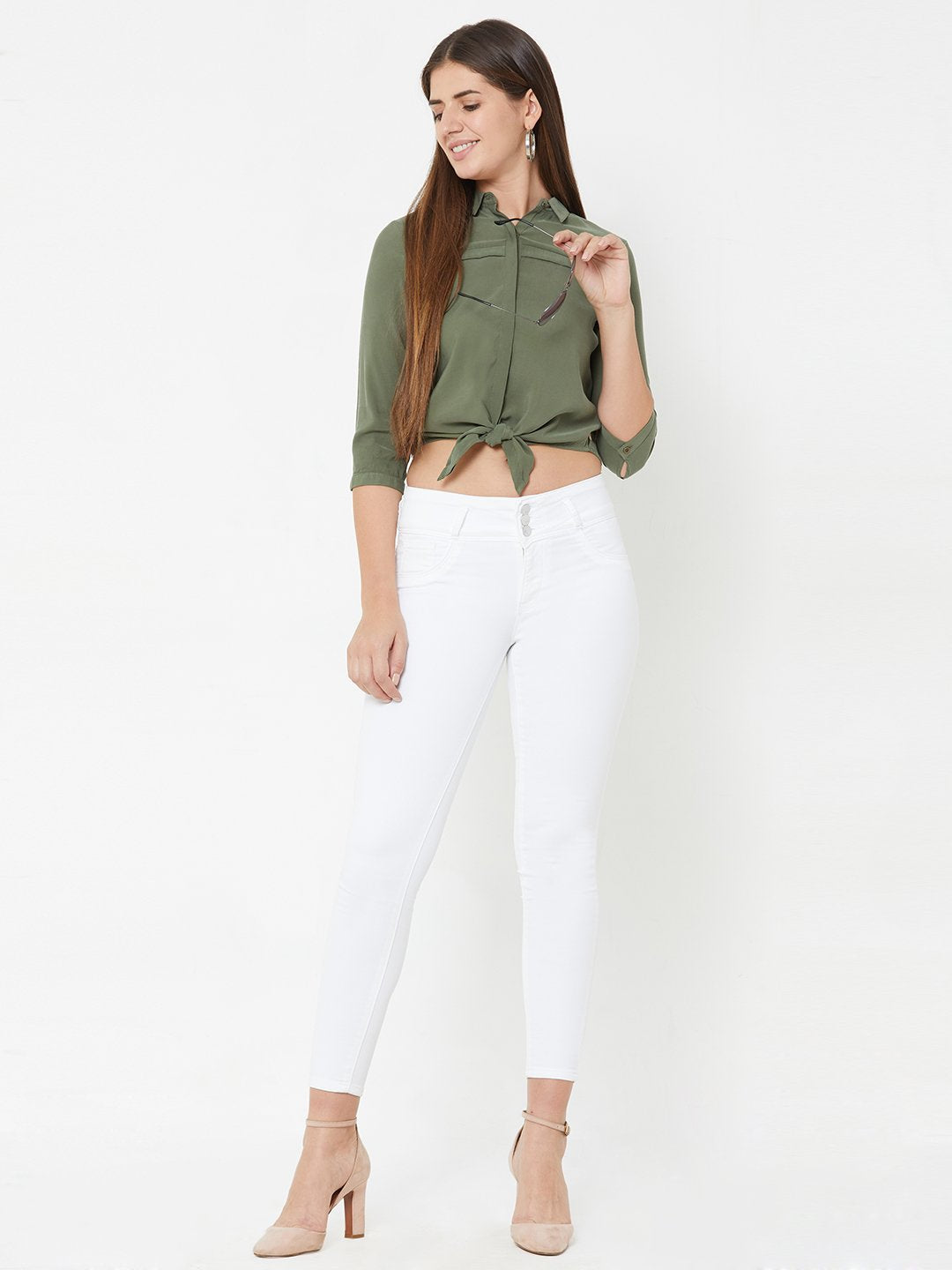 Women Olive Crop Shirt