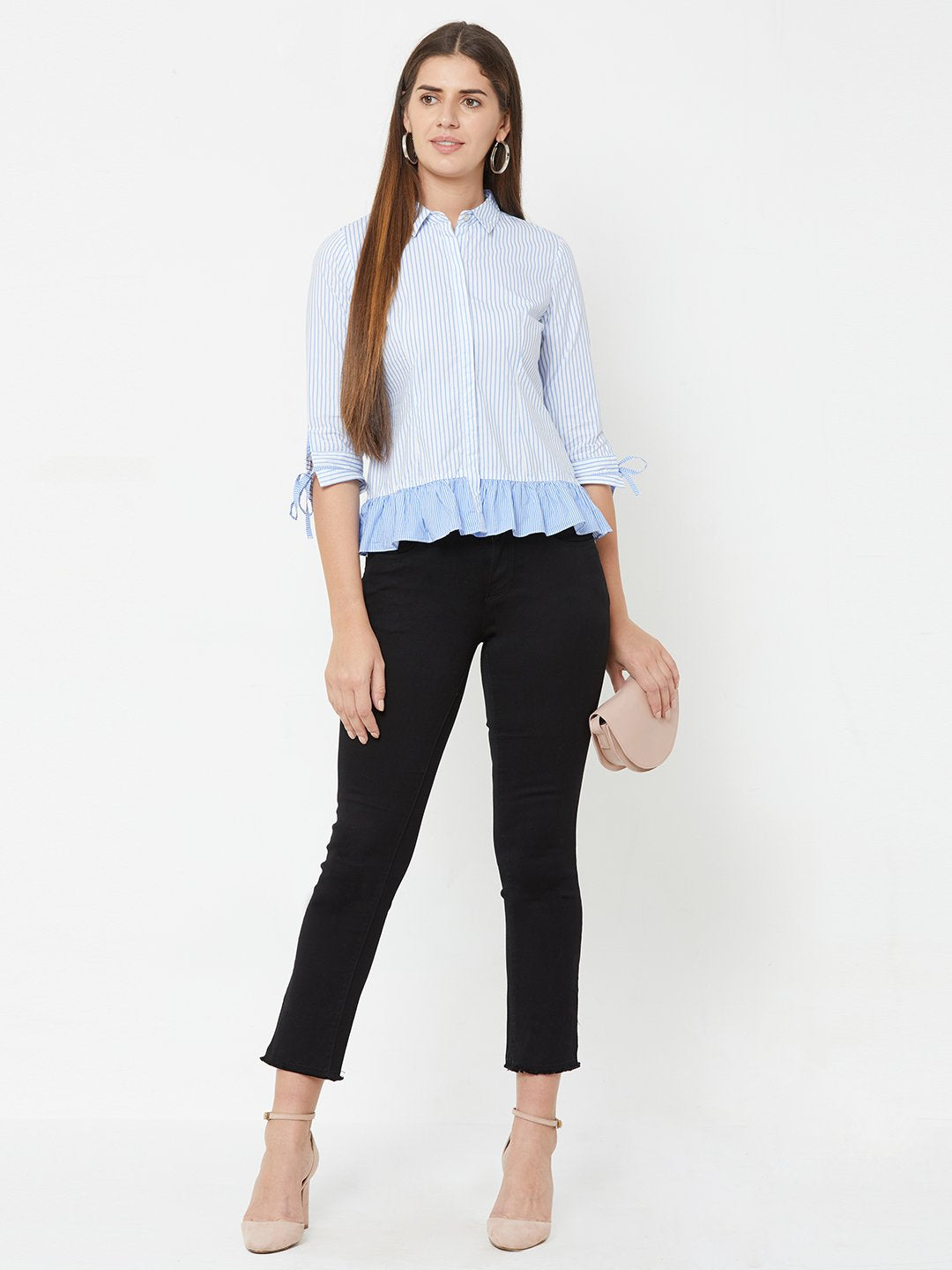 Women Blue & White Peplum Shirt