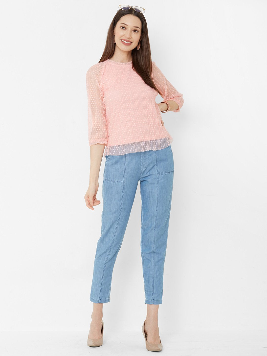 Women Peach Slim Fit Lace Top