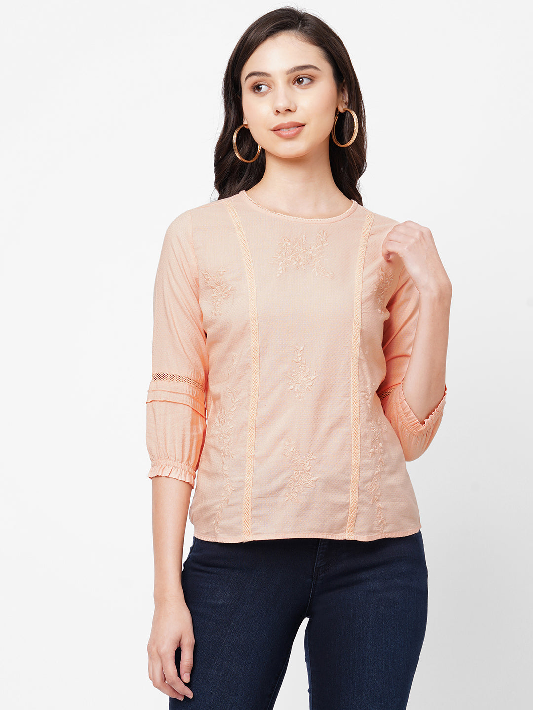 Women Peach Embroidery Top