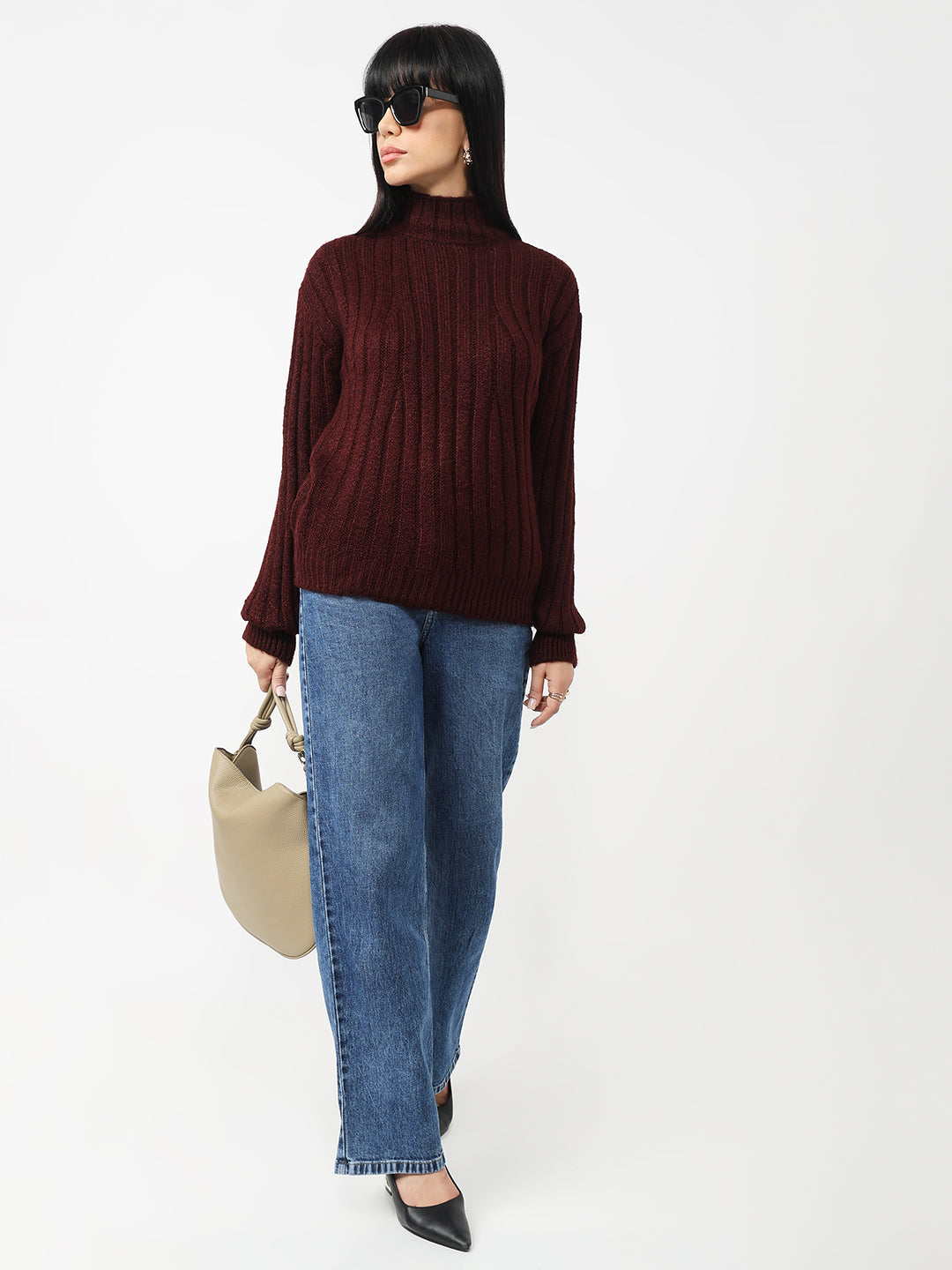 Women Wine Slim Fit Sweater