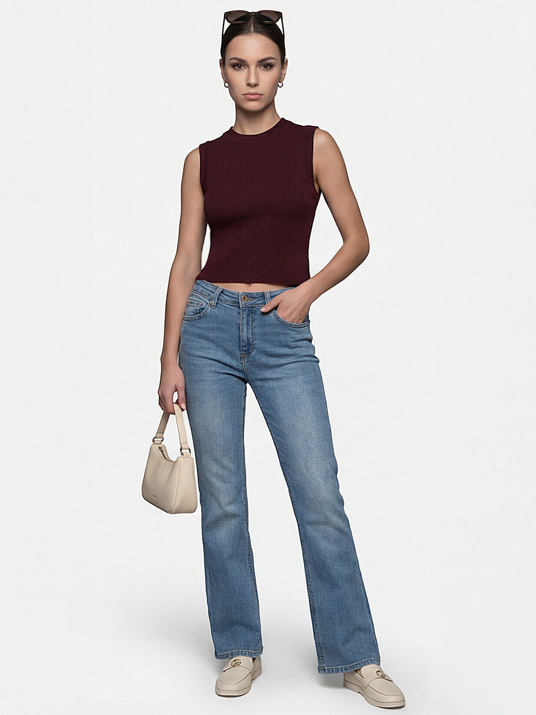 Women Wine Slim Flat Knit
