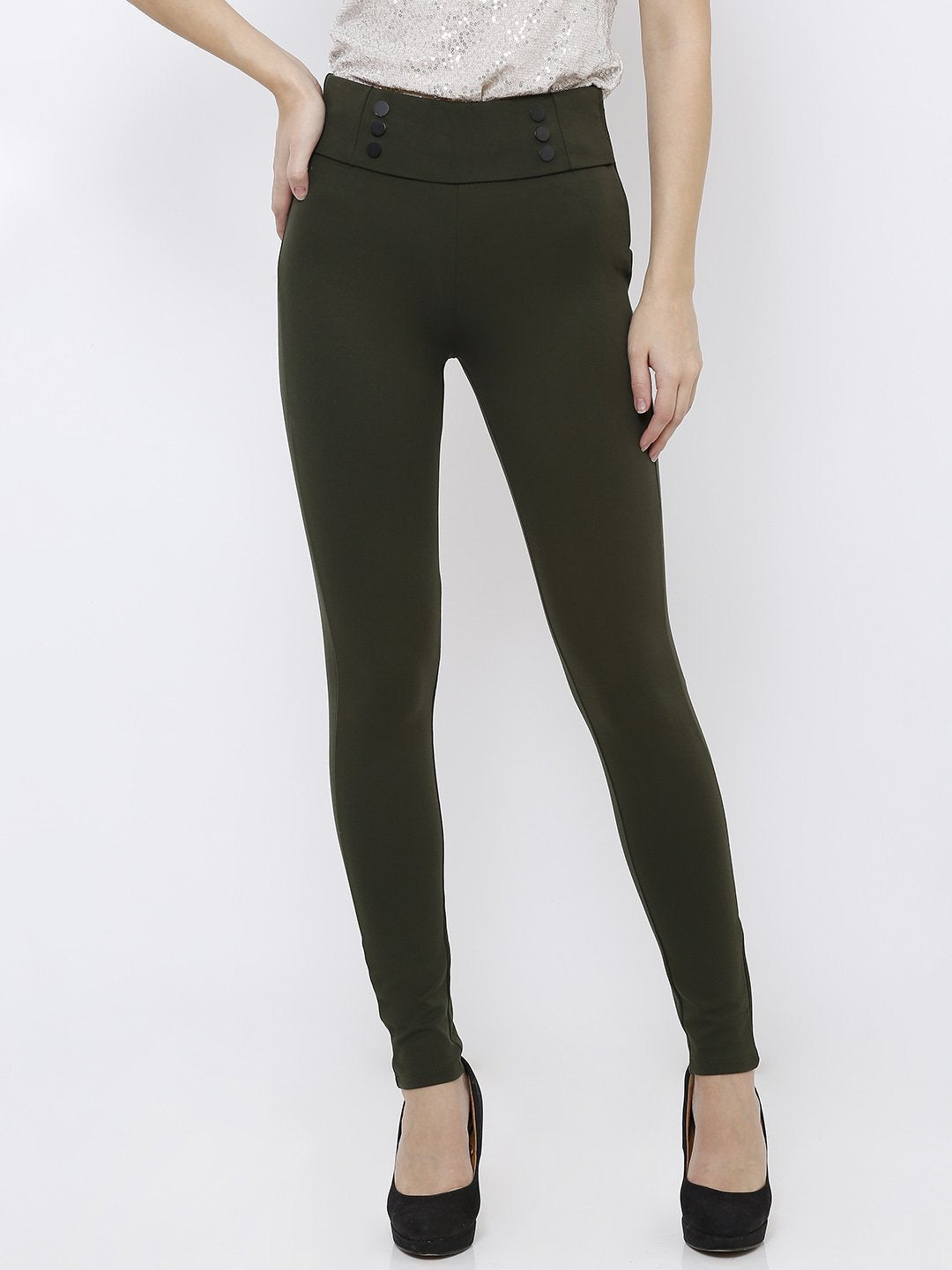 Women Olive High-Rise Treggings