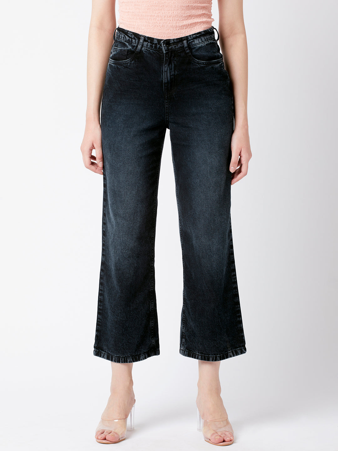 Women Charcoal Black High-Rise Wide Leg Jeans